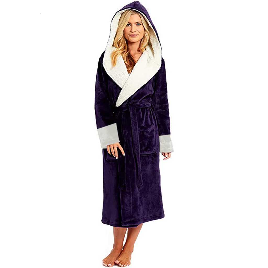 Thick Women Warm Bathrobe Robe Solid Hooded Ladies Dressing Gown Long Sleeve Soft Fluffy Cosy Flannel Bath Robes For Female C251216