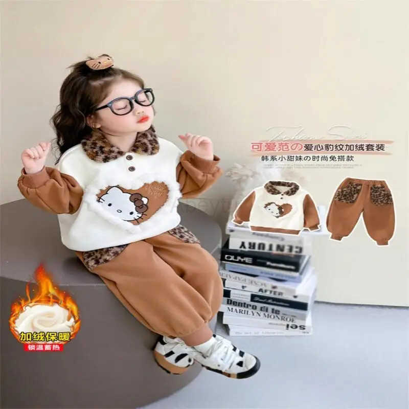 Sanrio Hello Kitty Homewear Set Love Small Girls Elegant Autumn Winter Girls Velvet Set Casual Children Cartoon Leopard Print H251216
