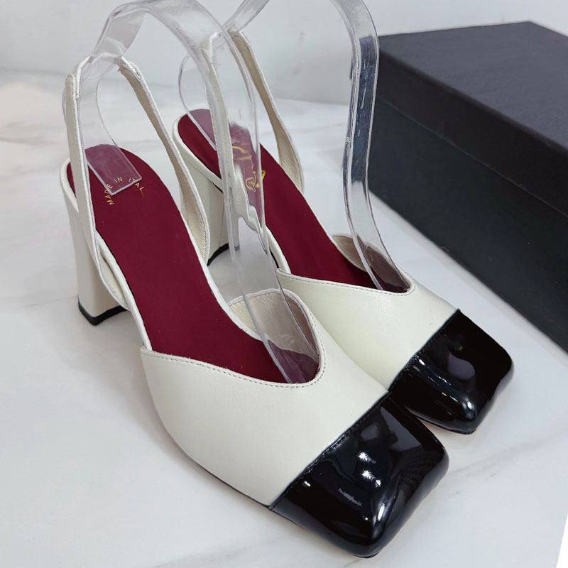 Designer Square Toe Mary Jane shoes Womens Thick Heeled Toe Cap Color Blocked Sandals Ladie Retro Leather Strap High Heels Smooth Cowhide Sizes 35 41 With Boxs