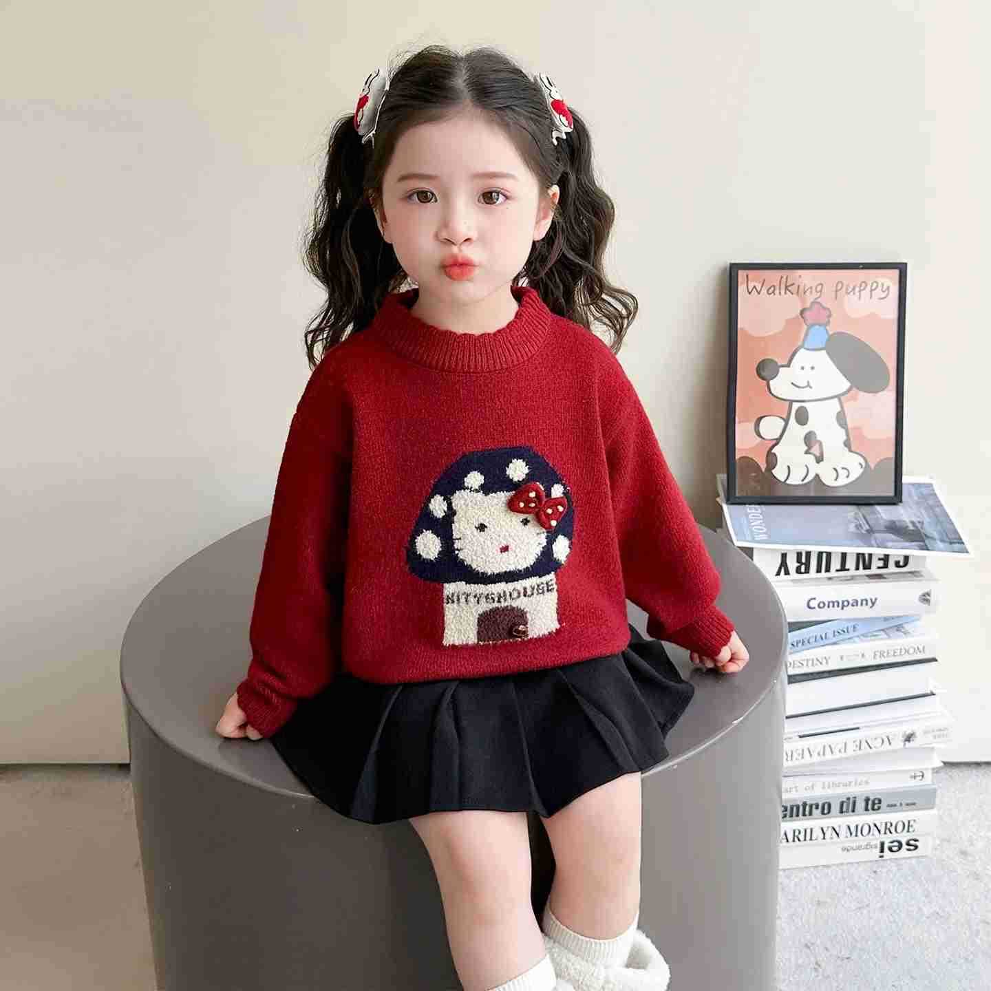 Sanrio Anime Hello Kitty Girls Autumn/Winter Sweater Childrens cartoon knitted sweater Girls winter outfit sweet pullover base shirt H251216
