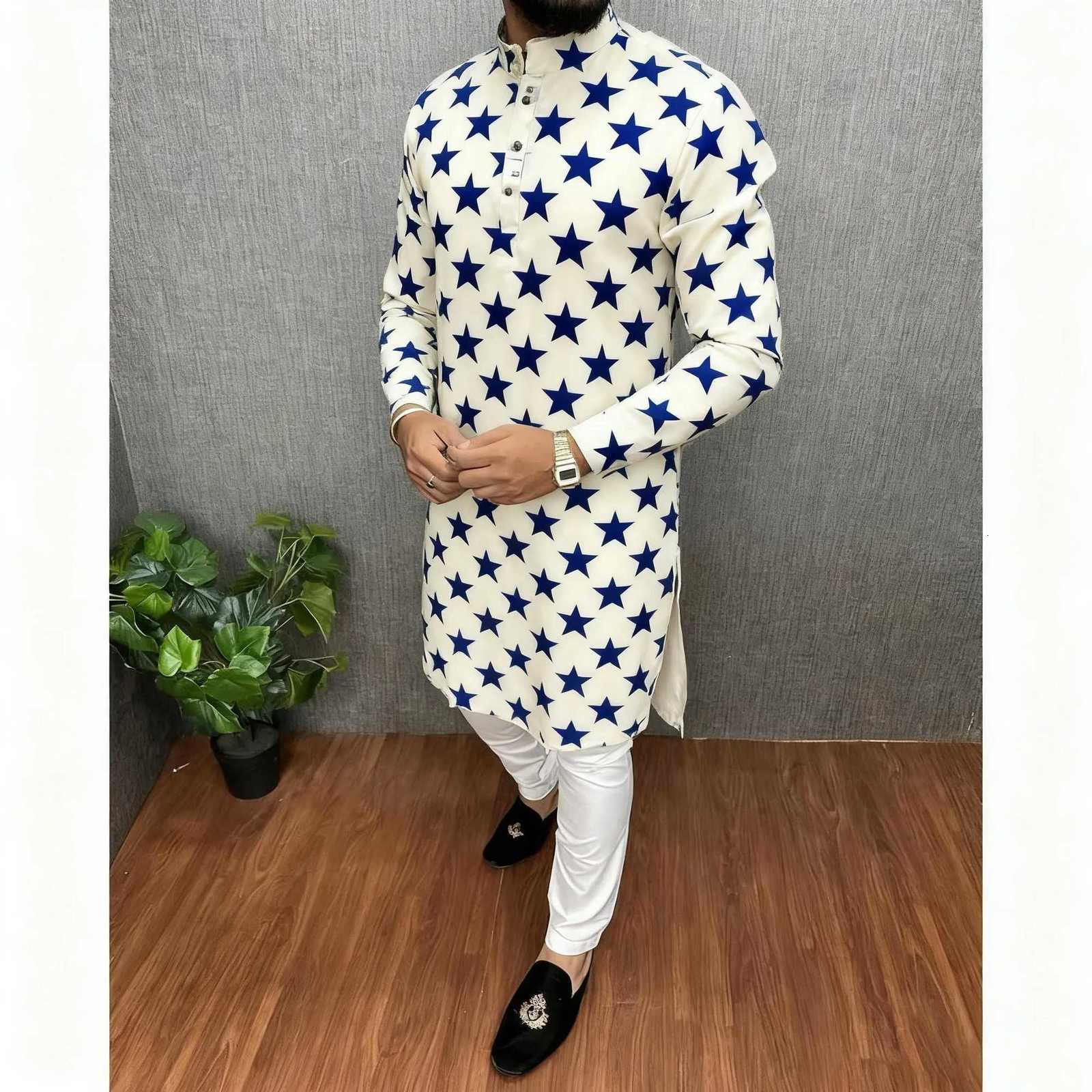 Men Islamic Arabic Abaya Robe Ethnic Print Stand Collar Youth Mid-length Shirt Luxury Coat Moslim Kleding Vestiti Musulmani Uomo W251216 - view 5
