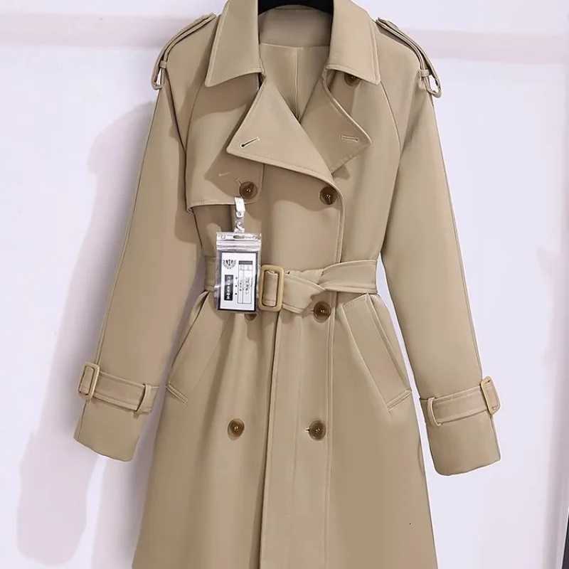 Trendy Womens Trench Coats New Spring Autumn High-end Mid-length Slim Outerwear Double-breasted Belt Long Sleeves WindbreakerT251216