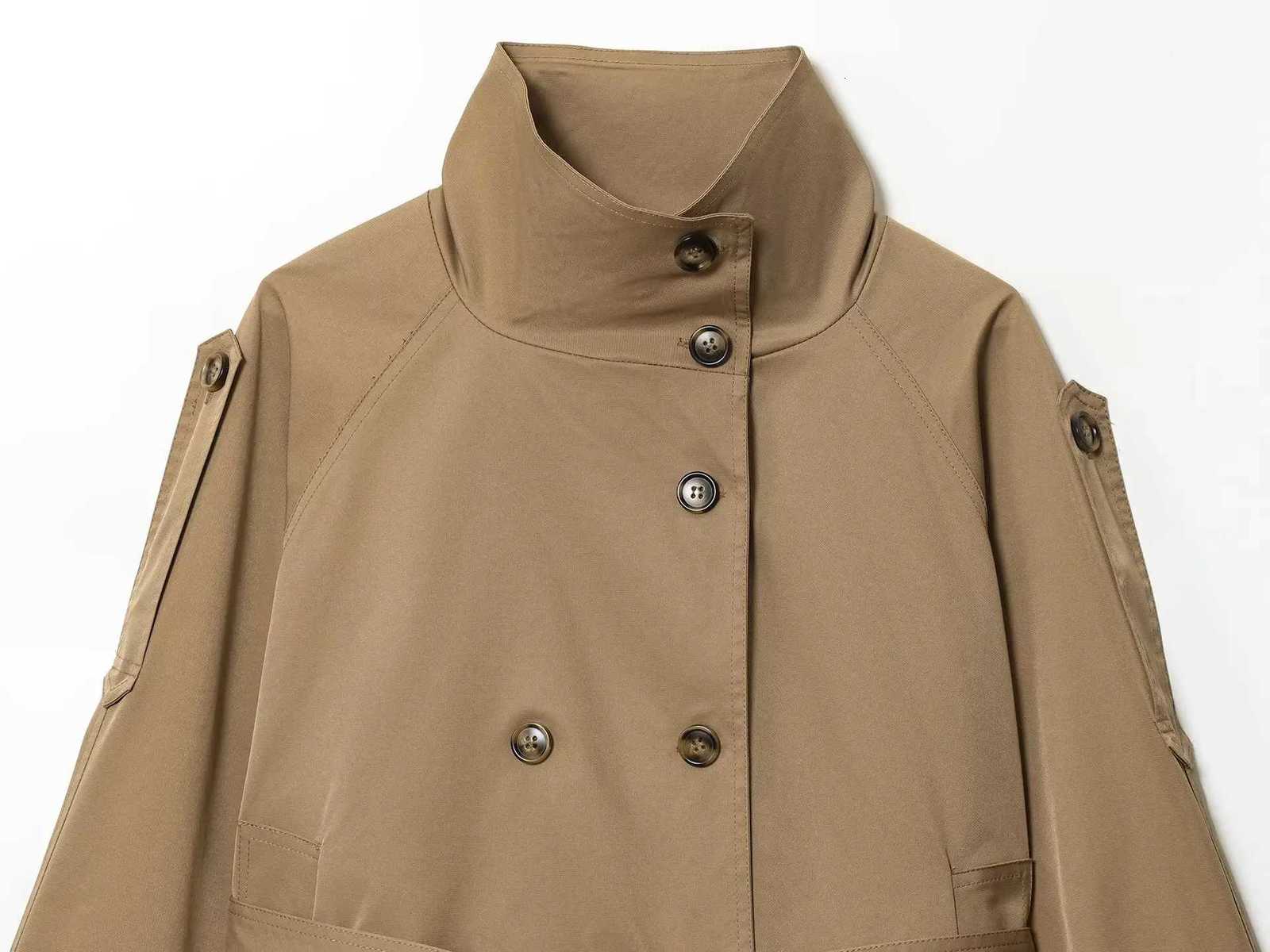 2025 Fashionable Windbreaker Womens Double Breasted European and American Stand Collar Autumn Long Sleeve Waist JacketT251216