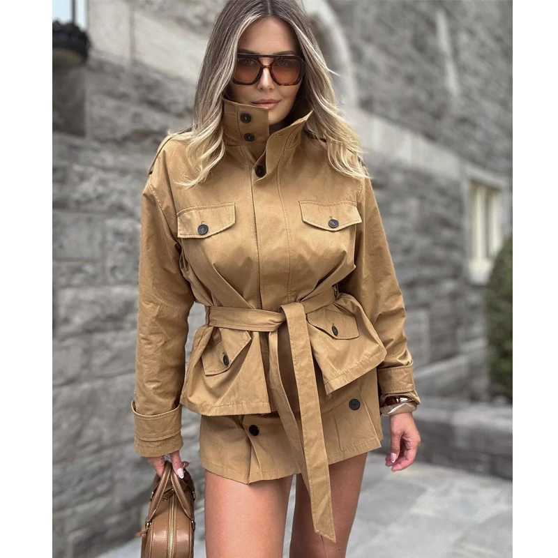 MUJER Short Trench Coat for Women Belt Oversized Womens Windbreaker Bomber Demi-season Jacket for Women Coats New in OuterwearsT251216