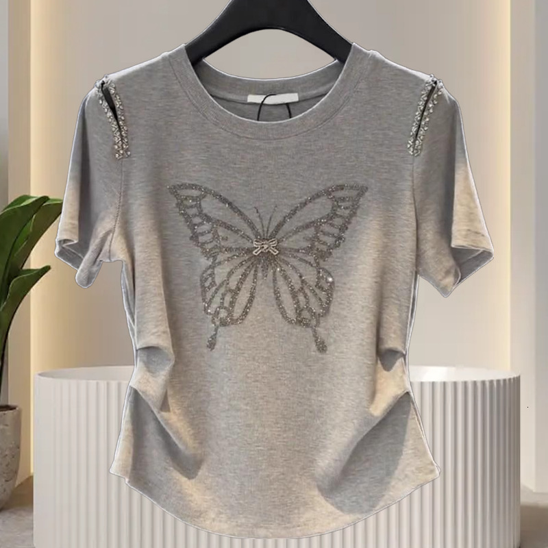 Designer Luxury Factory Direct Supply High Rate 100% Cotton Summer Round Neck Butterfly Rhinestone Short Sleeve T-shirt Women's Fashion Top Women