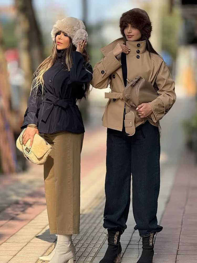 TFMLN Autumn New Women Double Breasted Short Trench Coat With Belt Elegant Stand Collar Street Windbreaker Female Chic OutwearsT251216