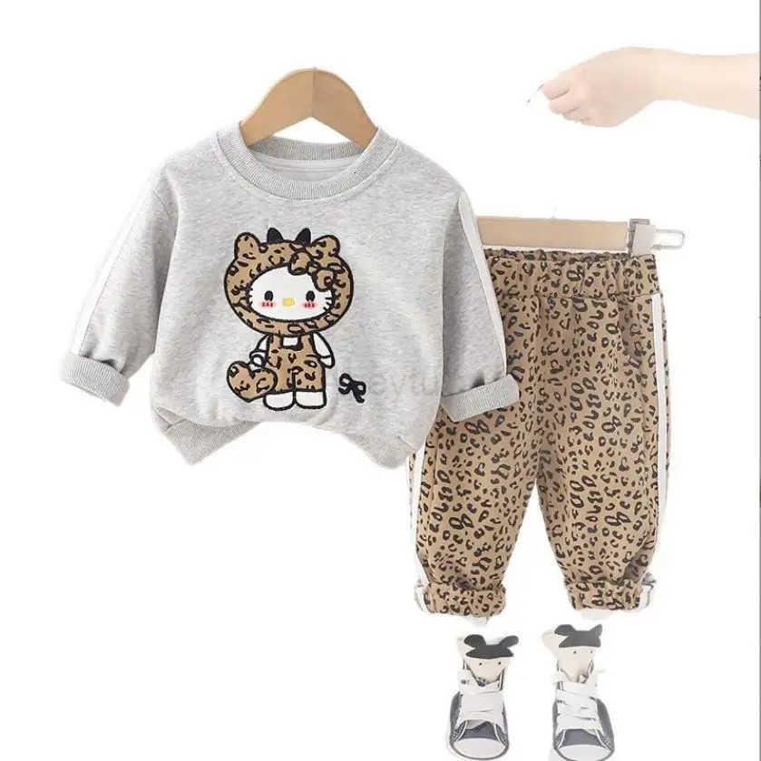 Sanrio 2025 Spring Boutique Girls Outfits Designer Cartoon Cute Leopard Print Long Sleeve T-shirts Pants Two Piece Sets Kids Tracksuits H251216