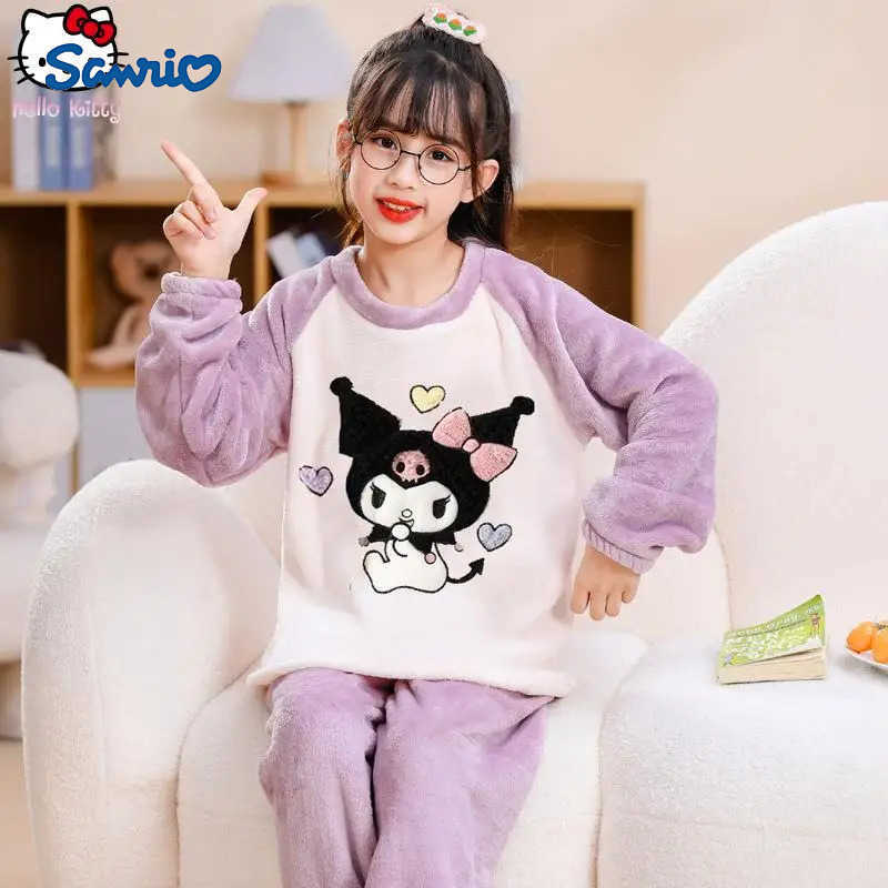 Sanrio Kawaii Girls Hello Kitty Kuromi Clothing Warm Pajamas Set Cartoon Anime New Boy Parent Child Thickened Home Clothes Sweet H251216