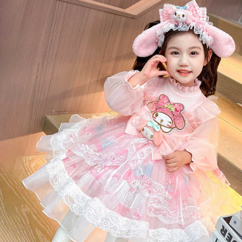 Sanrio Anime My Melody Girls Lolita Princess Dress Lace Party Dress Bow Decoration Knitted Dress Ruffled Tutu Skirt Layered Dress Gift H251216