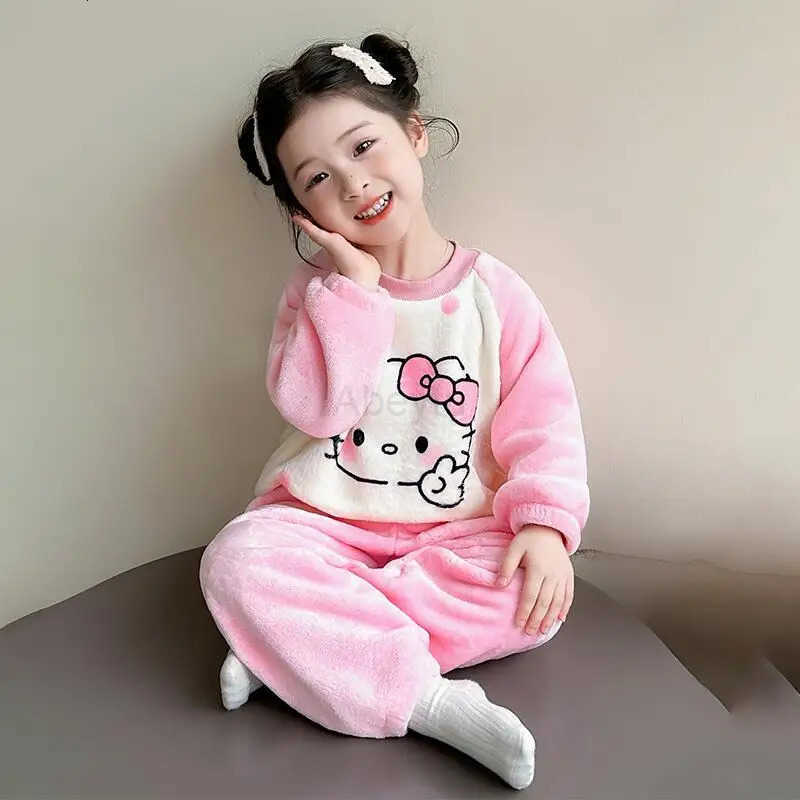 Sanrio Hello Kitty Flannel Pajamas Two-Piece Set Pullover Pants Girl Autumn Tops Child Kawaii Cartoon Fashion Casual Homewear H251216