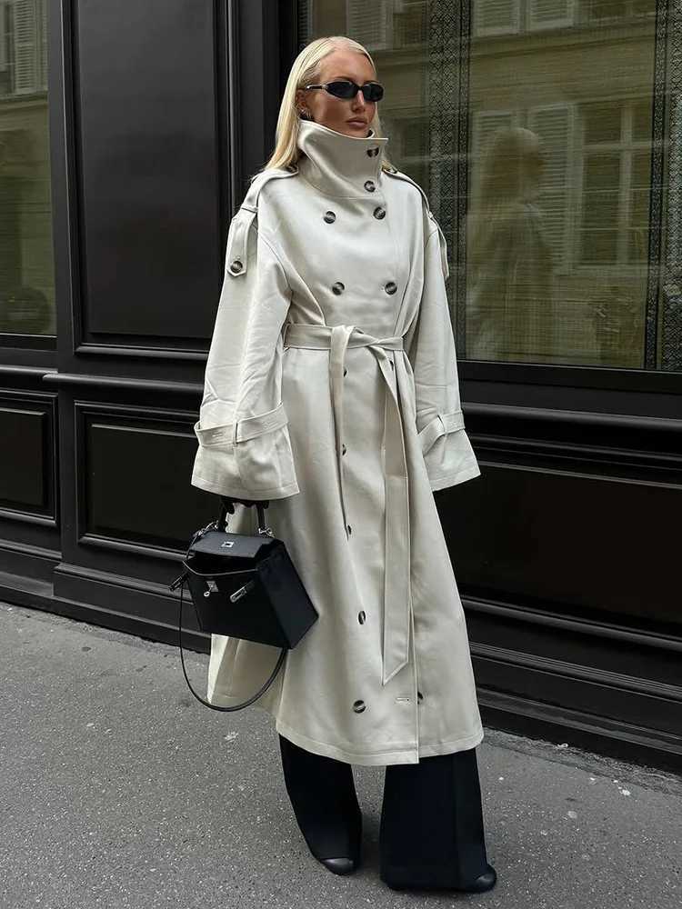 Autumn New Beige Lapel Long Trench Coats With Belt Fashion Double Breasted Loose Women Windbreaker Winter Female OvercoatT251216