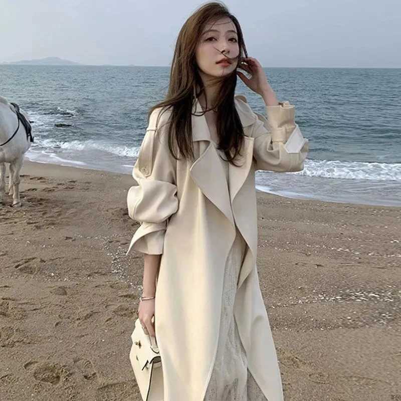 Female Long Windbreaker Coat Womens Spring and Autumn Jacket High Grade Draping Feeling Coat Mid length Trench Coat 2023 BeltT251216