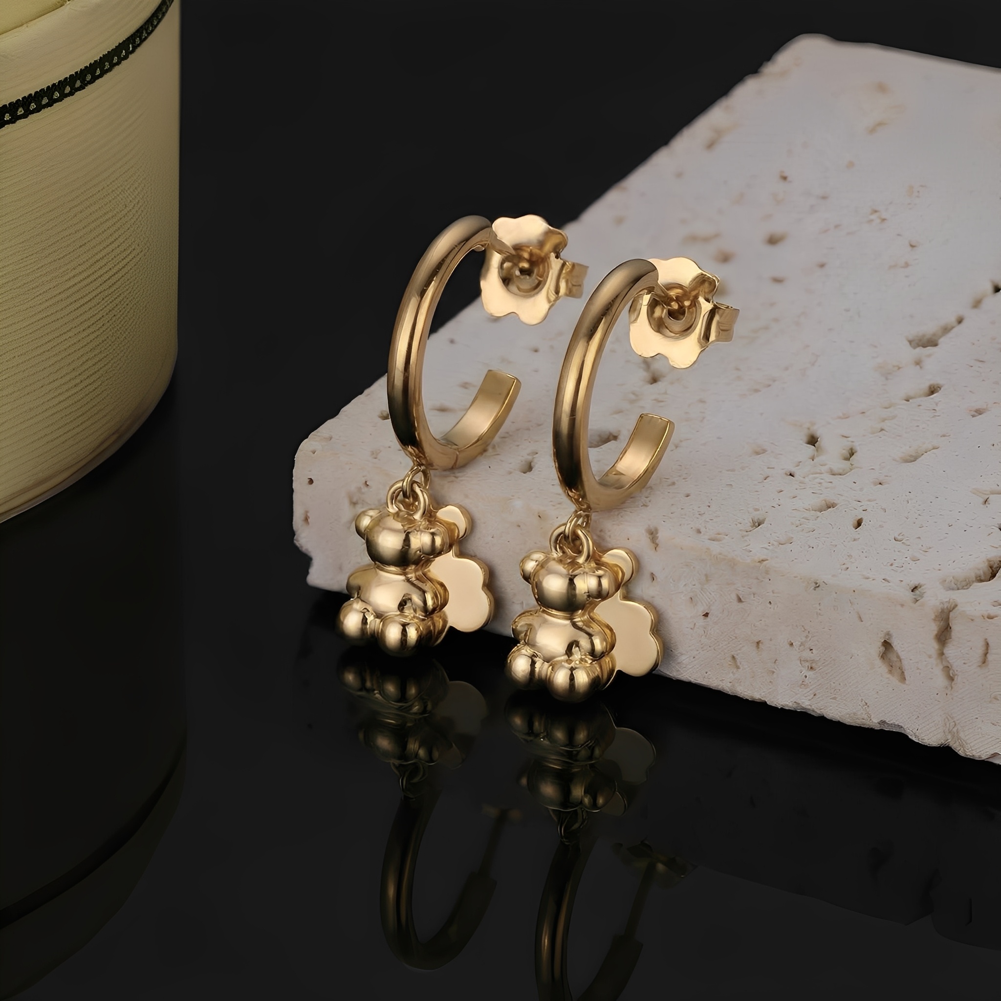 Fashion Women Men Silver Rose Gold Stainless Steel Span Cartoon Animal Bear Heart Star Black Drop Oil Hoop Earrings Jewelry