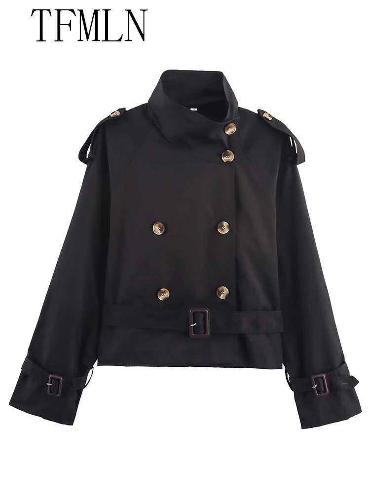 TFMLN 2025 Autumn Women Cropped Trench Coats With Belt Fashion Causal Double Breasted Jackets Chic High Street Outwear TopsT251216