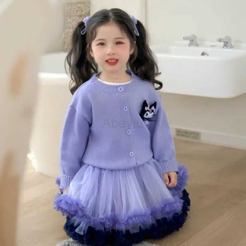 Sanrio Kuromi Girl Long Sleeves Sweater Suit Spring Autumn New Coat Two Piece Skirt Set Kawaii Childrens Clothing Cartoon H251216