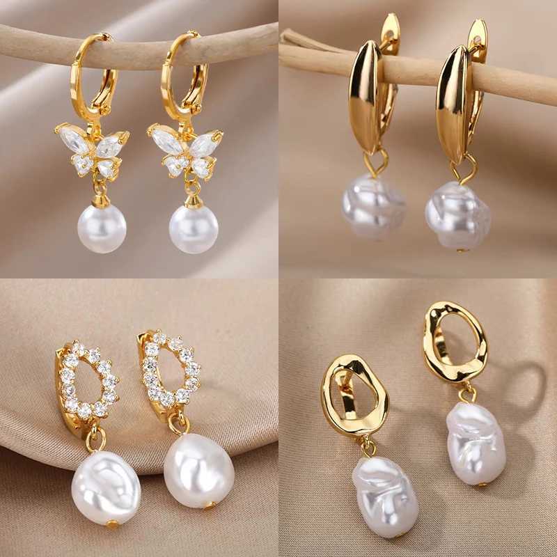 Butterfly Zircon Stainless Steel Pearl Earrings For Women Gold Plated Piercing Earring Aesthetic Luxury Jewelry Gift 2023 New G251216