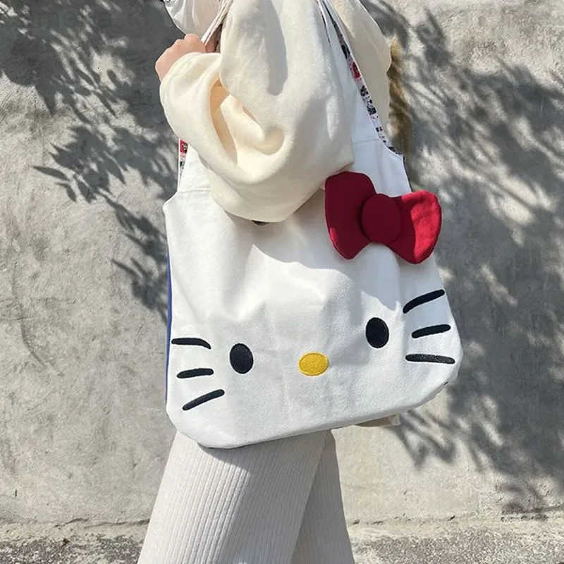 Sanrio hello kitty shoulder bag new canvas large capacity tote bag cartoon cute handbag girl storage bag shopping H251216