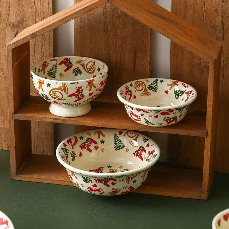 Christmas Ceramic Tableware Retro Bowls Plates Water Cup Breakfast Dessert Noodle Bowls Coffee Milk Cup Microwaveable Xmas Gift H251215