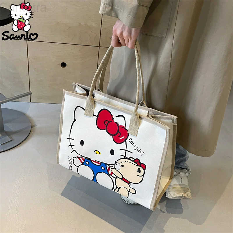 Sanrio Hello Kitty Canvas Bag Tote Bag Shoulder Storage Makeup Pouch Anime Handbag Travel Shopping Bag Kid Schoolbag Girl Gift H2512161
