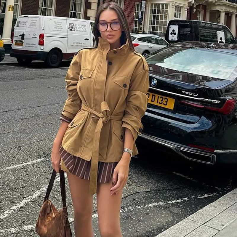 HXAO Womens Trench Coat Autumn Woman Trench Cropped Coat Womens Belt Windbreaker Outerwear Long Sleeve Button Short TrenchT251216