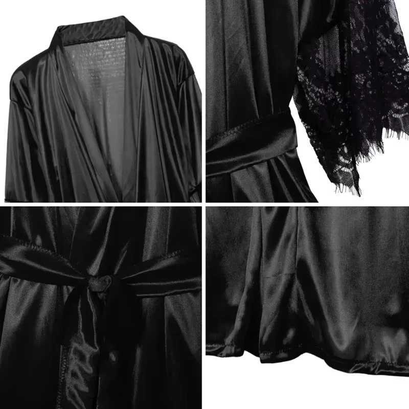 Women Night Gown Robe with G String Floral Lace Bathrobe Halt Sleeve Nightdress Female French Sexy Silky Satin Sleepwear C251216