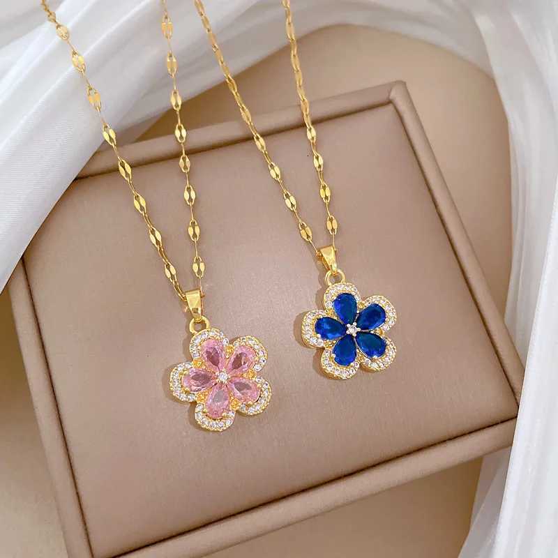 Luxury Sweet Pink Blue Zircon Flower Necklace Stud Earrings for Women Stainless Steel Chain Party Wedding Jewelry Sets Gifts M251216