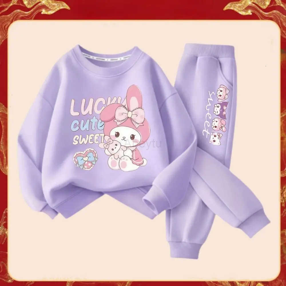 Sanrio Spring Autumn Childrens Melody Print Clothes Sets Kids Kawaii Sweatershirts Pullover Tops Pants 2Pcs Outfit Tracksuit H251216