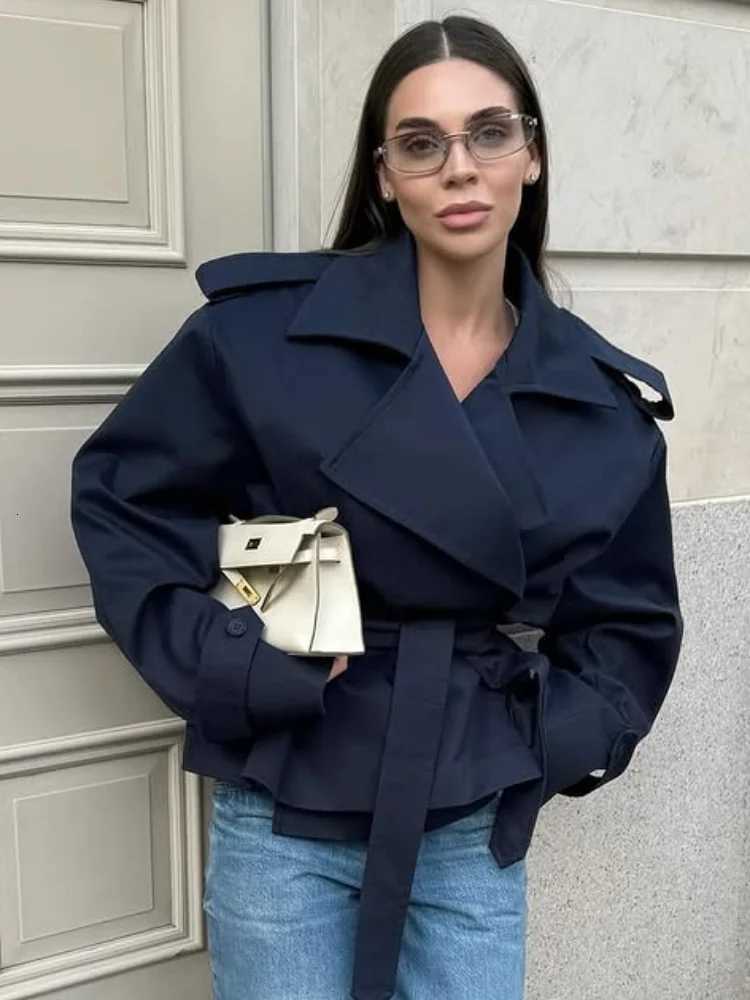 Cropped Lace-up Blue Casual Trench Coat Women Lapel Long Sleeve Wide Shoulder Windbreaker Jacket Fall Commute Daily StreetwearT251216