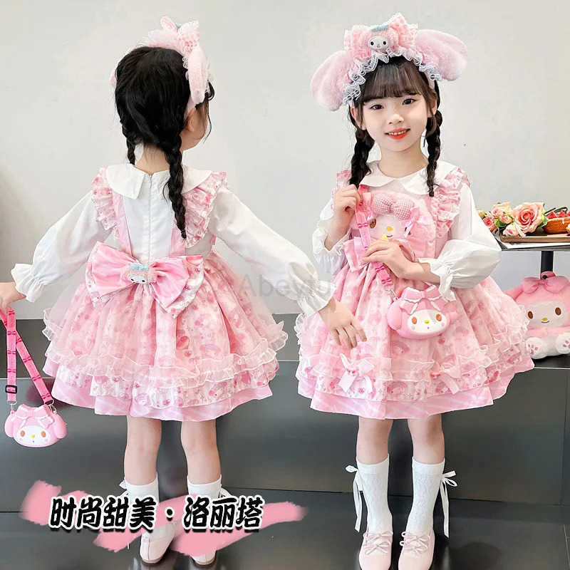 Sanrio Anime My Melody Girls Lolita Dress Vintage Lace Party Dress for Kids Ruffled Tutu Skirt Princess Costume Outfit for Birthday H251216