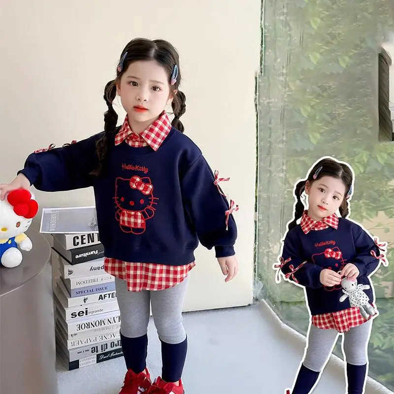 Sanrio Hello Kitty Pullover Pants 2-Piece Set Girl Spring Autumn Tops Leggings Child Kawaii Cartoon Fashion New Casual Clothing H251216