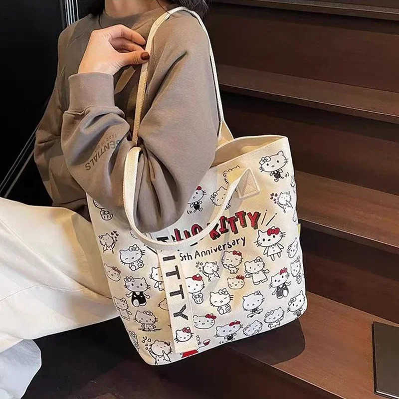 Sanrio Hello Kitty Canvas Bag Cartoon Womens Shoulder Bag Japanese Lightweight Large Capacity Shopping Bag For Girls Gifts H251216