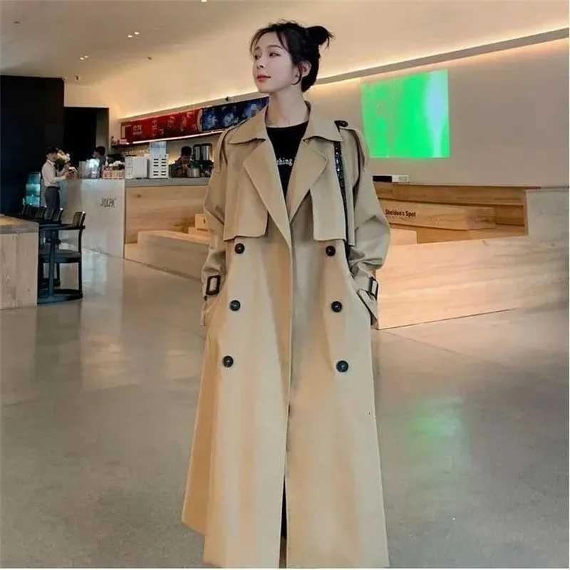 Autumn Winter Khaki Long Trench Coat for Women 2025 Jacket Elegant Outerwear Turn-down Collar Tie Belt Korean Chic WindbreakerT251216