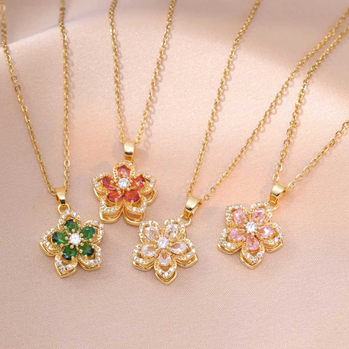 Light Luxury Shiny Zircon Rotatable Flower Pendant Necklace For Women Stainless Steel Romantic Spin Floral Plant Choker Jewelry M251216