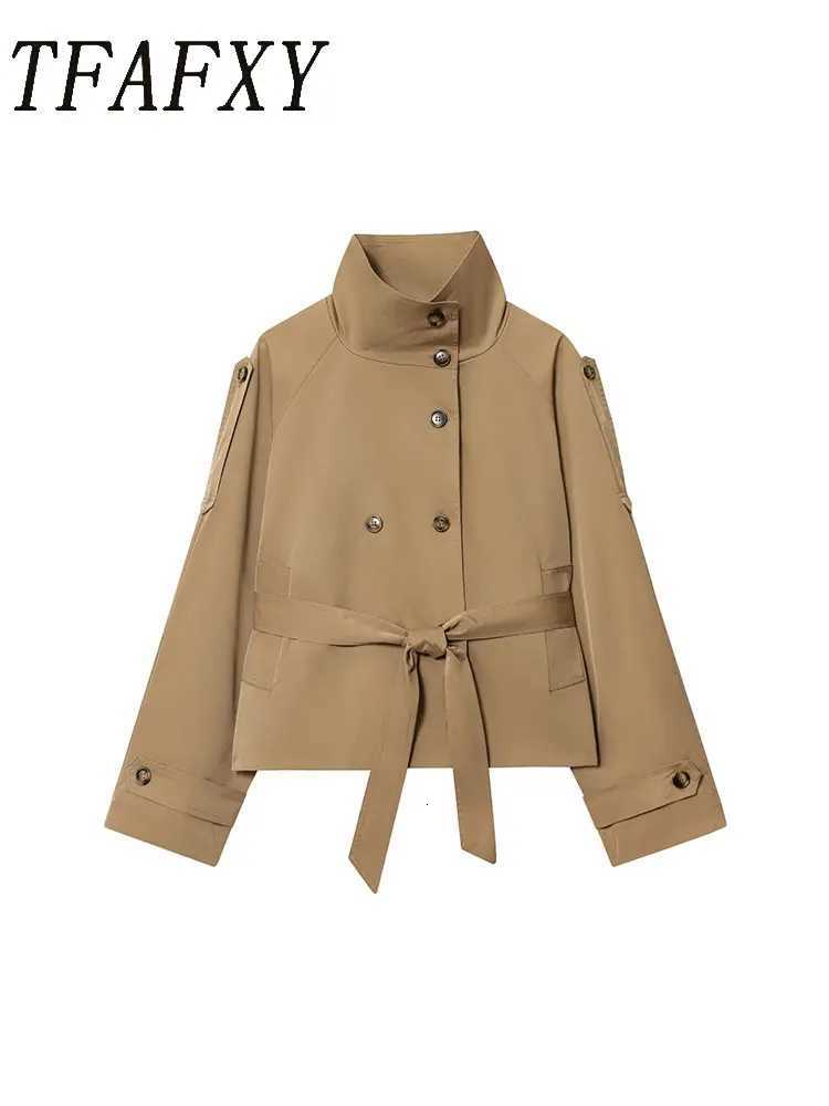 TFAFXY With Belt Women Jacket 2025 Autumn Long Sleeve Double Breasted Trench Coat Female Top Outerwear Y2KT251216