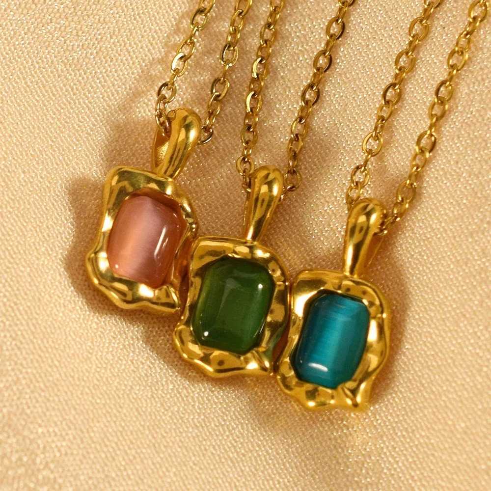Color Square Irregular Pattern Cats Eye Stone Necklace Clavicle Chain Stainless Steel Jewelry for Autumn Winter M251216