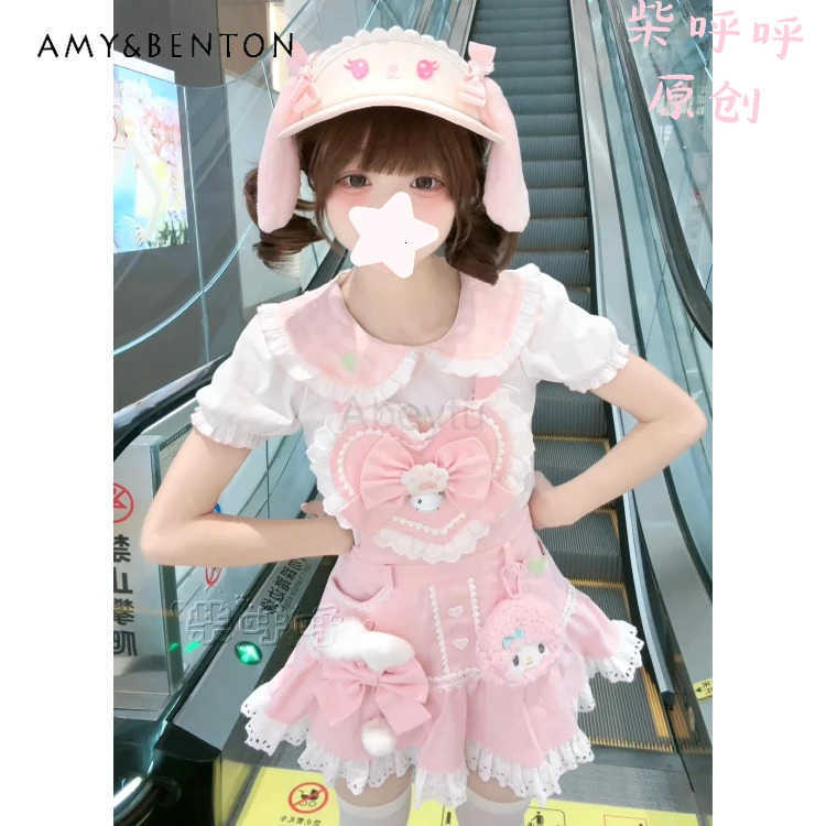 Sanrio Kawaii Girl Pink Strap Skirt Sets Summer New Sweet Cute Bow Love Suspender Slim Mini Dress Shirt Two Piece Sets Womens Outifits H251216