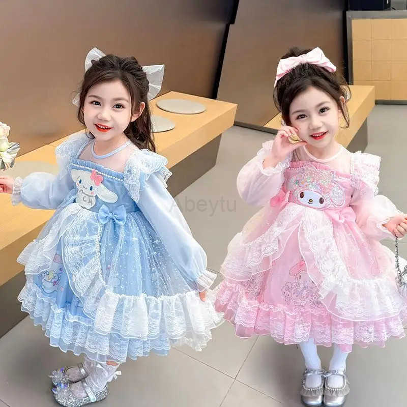 Sanrio Hot Girl Dress My Melody Cinnamoroll Kawaii Anime Fashion Children Long Sleeves Lace Princess Dress Children Clothing New H251216