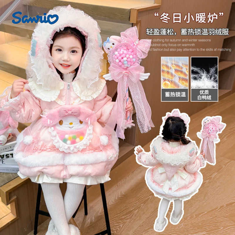 Sanrio Kawaii Children Lolita Long-Style Down Jackets Dress High Quality Anime Cute Princess Jacket Hooded Warm White Duck Down Jacket H251216