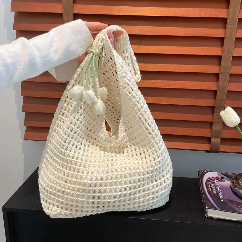 Trendy Sweet Crochet Shoulder Bag with Tulip Pendant Leisure Beach Hollow Handbag Women Vacation Casual Woven Totes M251216
