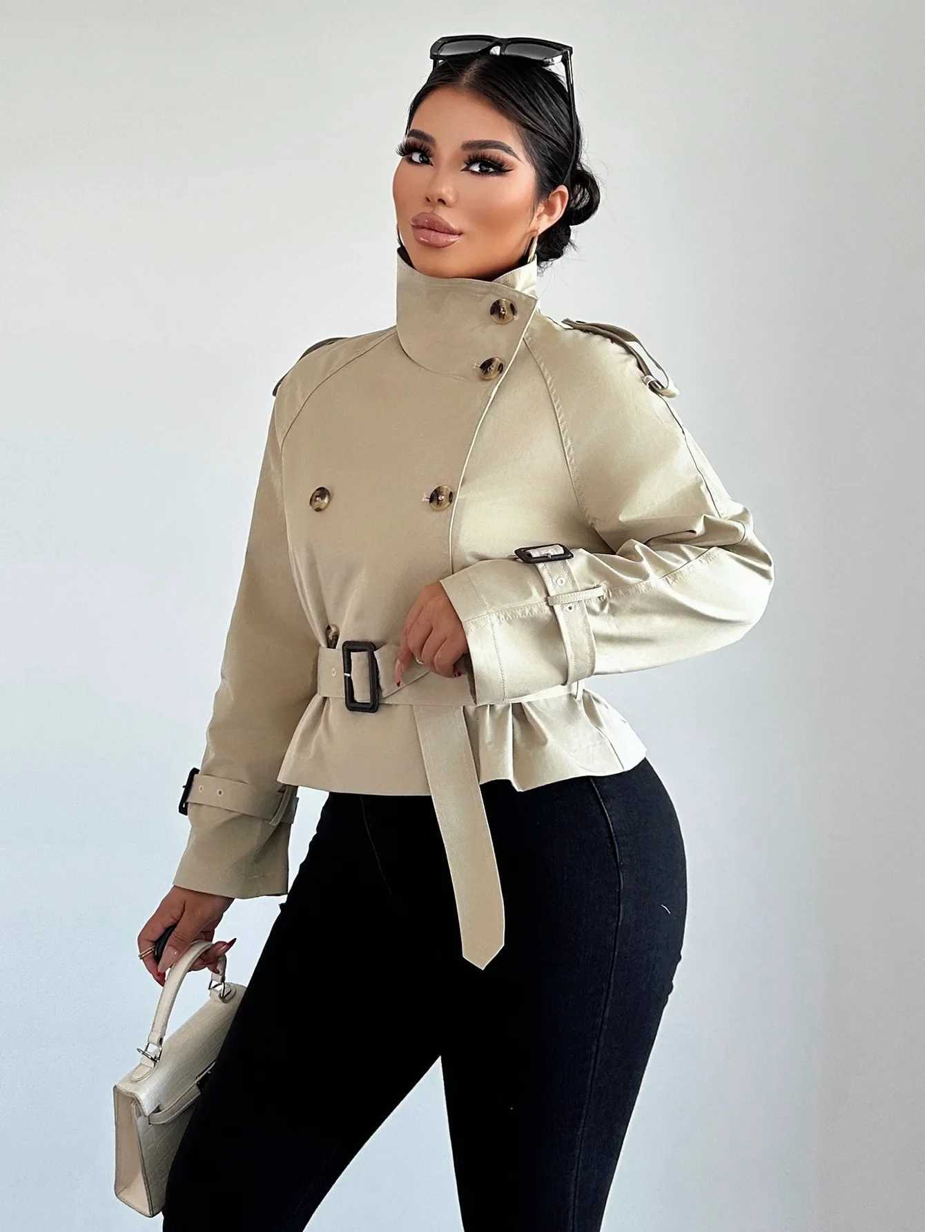 Women Autumn Spring Short Trench Coat Fashion Solid Double Breasted Belt Female Elegant Street Windbreaker Outerwear JacketT251216
