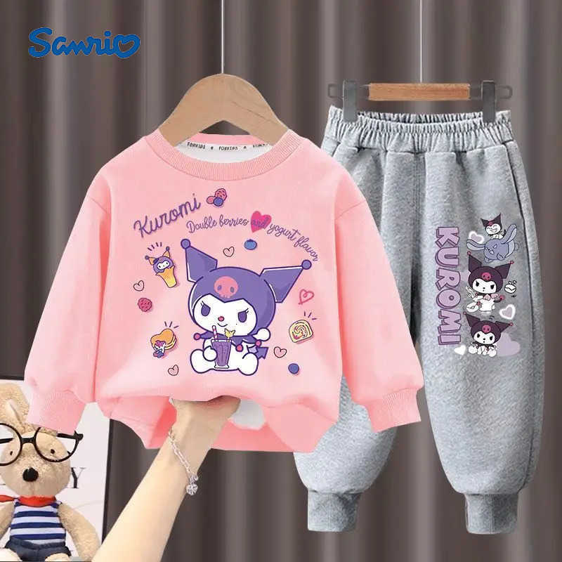 Sanrio Childrens Hoodies Sets 2025 Autumn New Long Sleeved Girls Sweatshirts Pants Two Piece Cute Kuromi Print Kids Tracksuits H251216