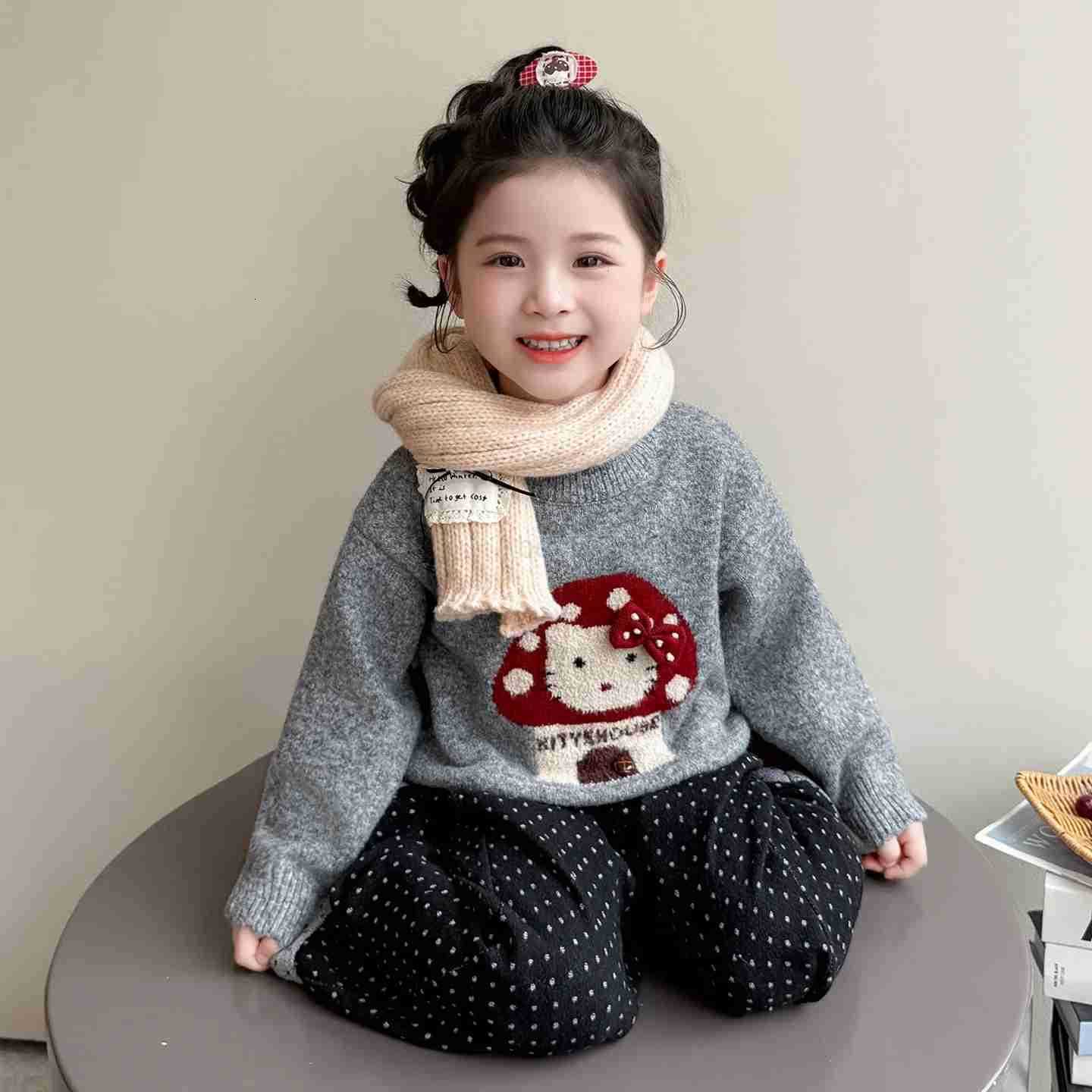 Sanrio Anime Hello Kitty Girls Autumn/Winter Sweater Childrens cartoon knitted sweater Girls winter outfit sweet pullover base shirt H251216