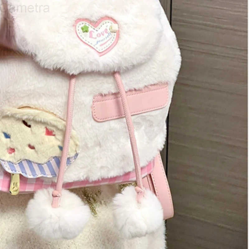 Sanrio 2025 New Sweet Girls Fluffy Backpack Fashion Kawaii Women All Match Schoolbags Casual Students Faux Fur Backpacks Y2k Aesthetic H251216
