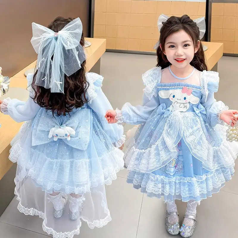 Sanrio Y2K Girl Dress My Melody Cinnamoroll Kawaii Anime Fashion Children Long Sleeves Lace Princess Dress Children Clothing New H251216
