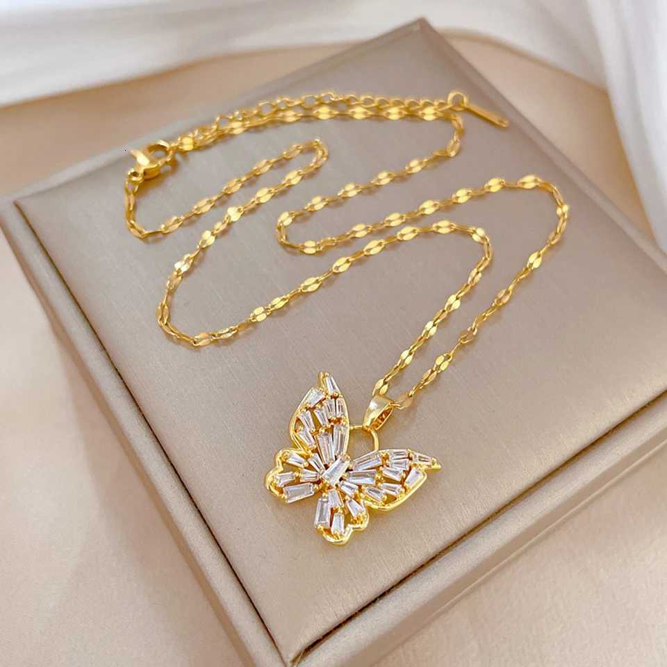 Yupsk Exquisite Titanium Steel Chain Shiny Zircon Butterfly Pendant Necklace for Women Niche Anniversary Birthday Jewelry Gift M251216