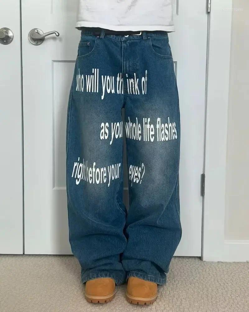 Men's Jeans Y2K Men American Pattern Letter Baggy Women Floor Harajuku Hip Hop Goth Casual Wide Leg Streetwear - view 6
