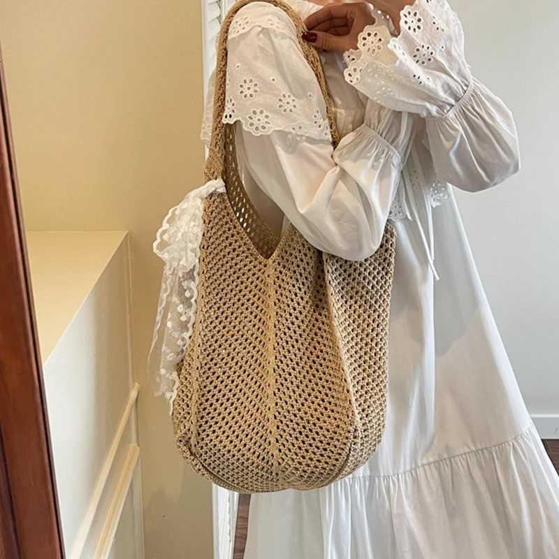 Women Crochet Tote Bag Fashion Knitted Large Capacity Woven Shoulder Bags Solid Color Simple Shopping Bag for Summer Beach M251216
