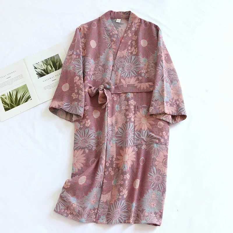 Womens Printed Cotton Loose Fitting Bathrobe Japanese Style Tie Up Kimono Bathrobe Sweat Steaming Cotton Pajamas Robes Women C251216