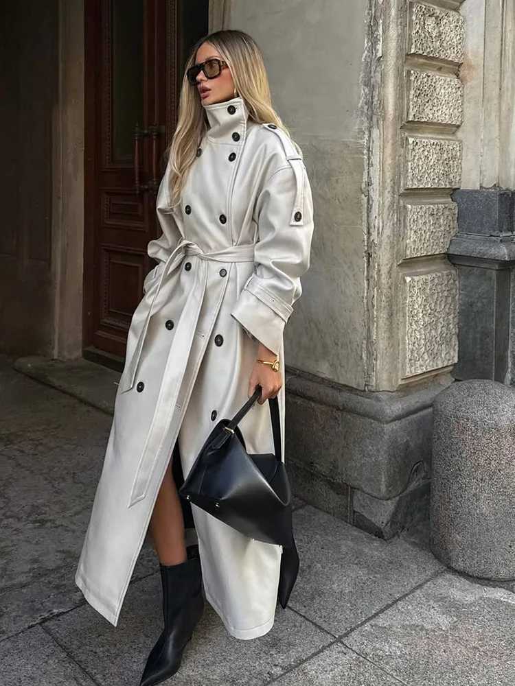 Autumn New Beige Lapel Long Trench Coats With Belt Fashion Double Breasted Loose Women Windbreaker Winter Female OvercoatT251216