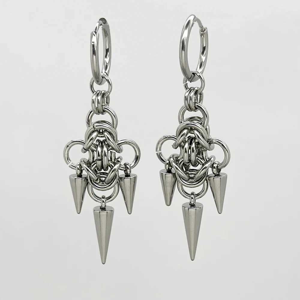 Handmade Stainless Steel Byzantine Chainmail Spike Hoop Earrings for Women Gothic Punk Grunge Piercing Barbell Dangle Earrings G251216